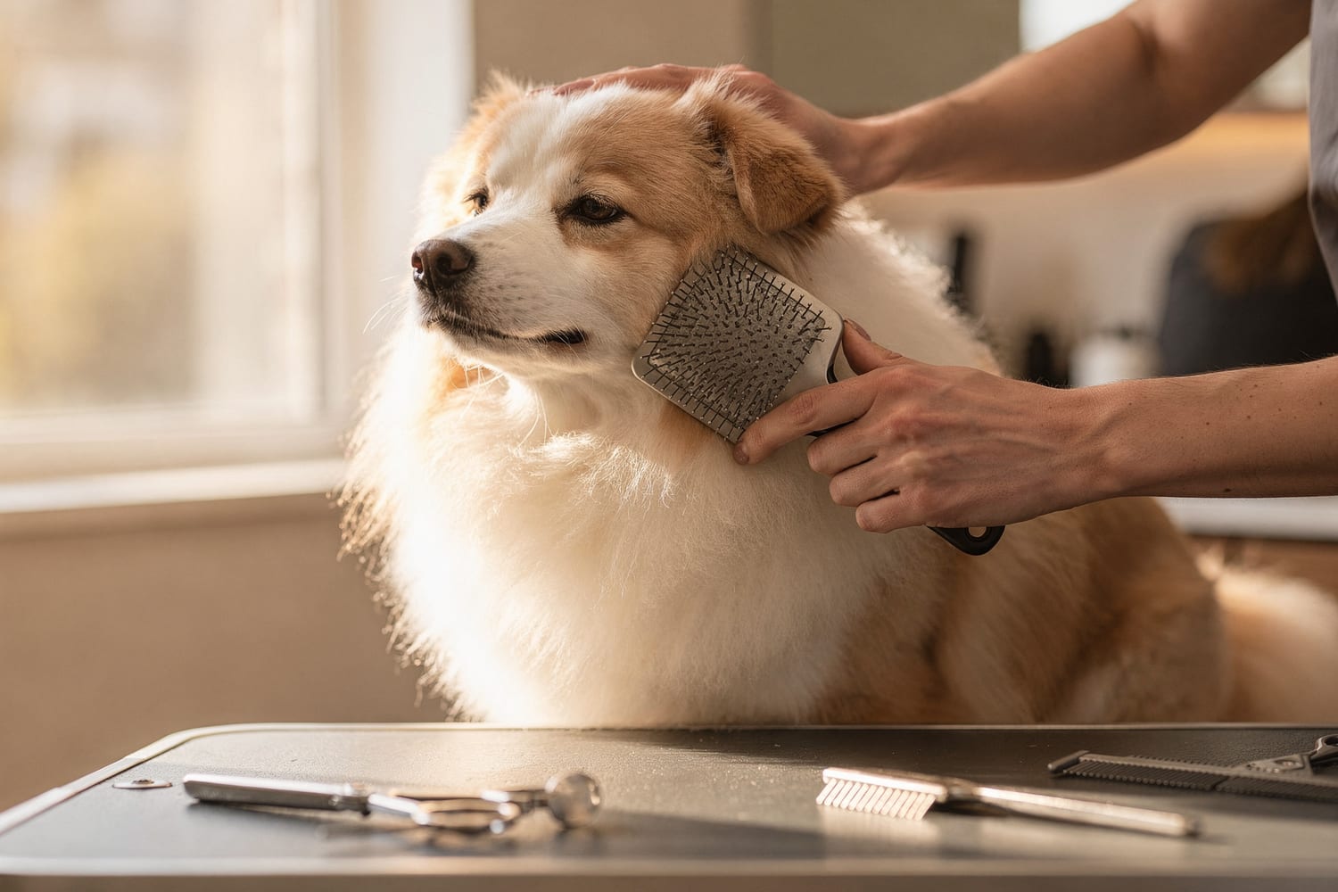 A groomer gently brushing out a fluffy dog's coat in warm light