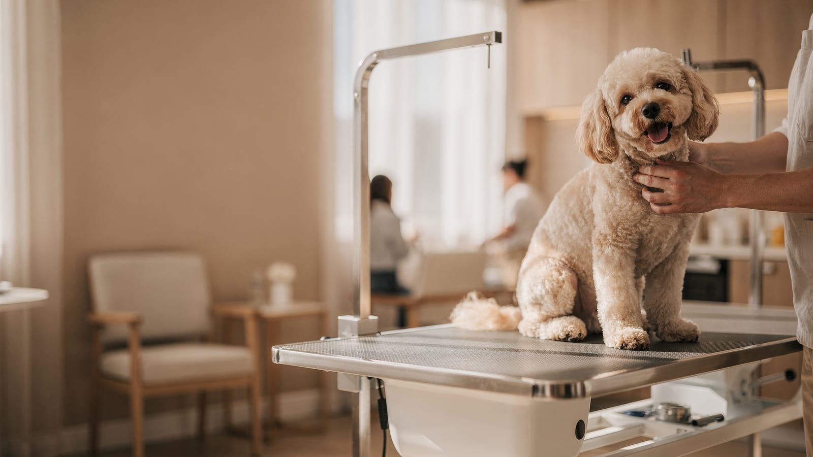 A groomer gently steadying a happy, freshly trimmed doodle on the grooming table