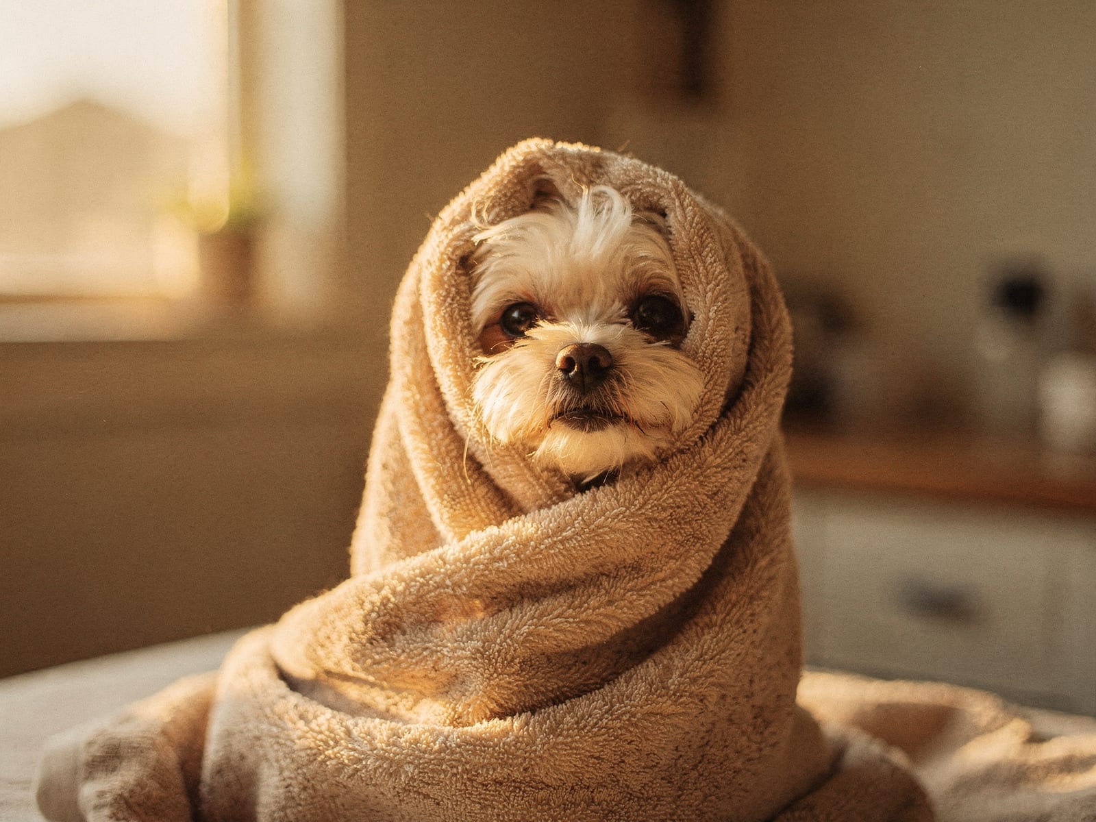 A small dog wrapped snugly in a soft towel after a warm bath
