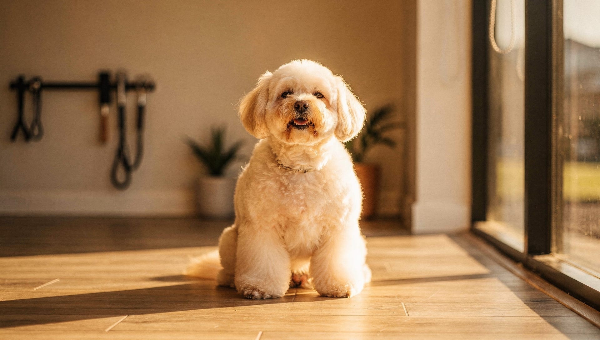 A freshly groomed dog sitting calmly in a warm pool of afternoon light