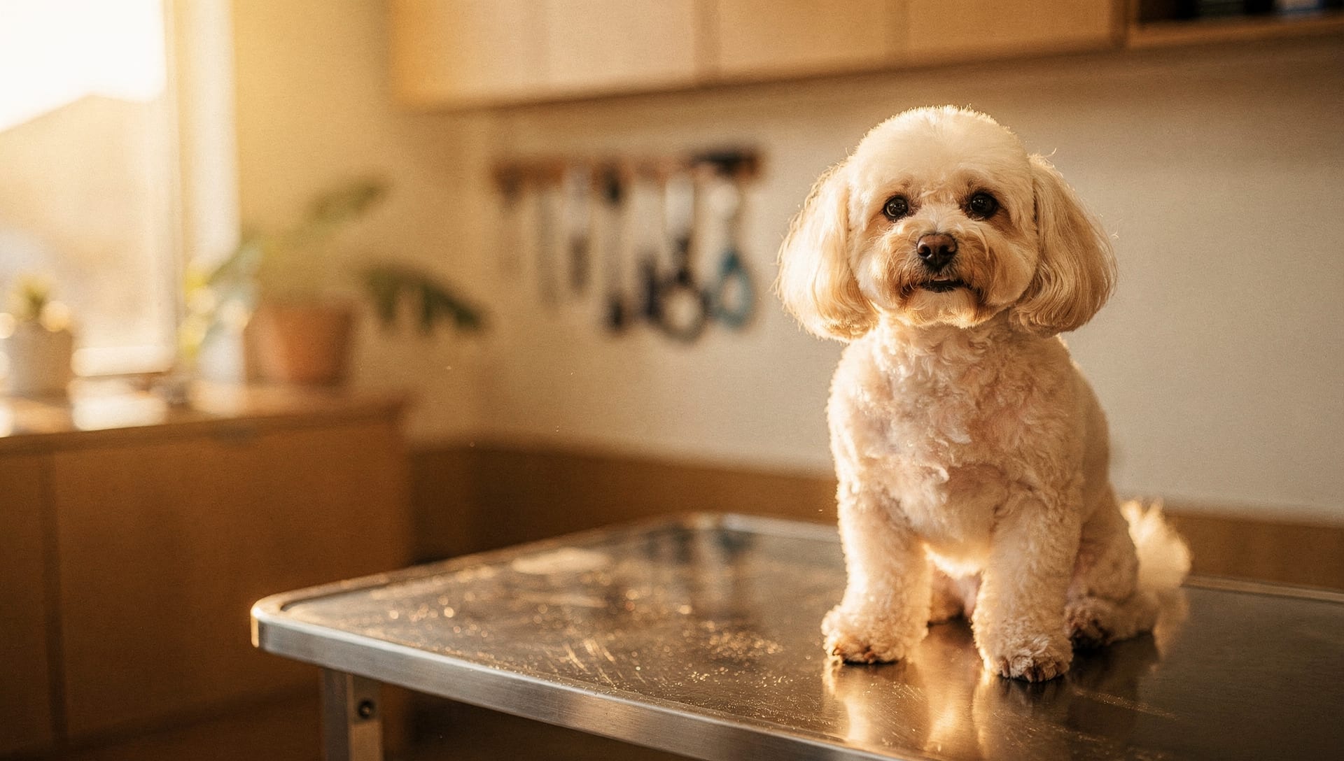 A freshly groomed, happy doodle sitting in warm sunlight on a grooming table