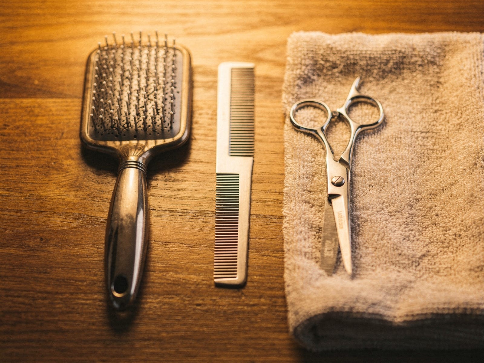 Tidy grooming tools — a slicker brush, steel comb and scissors on a folded towel